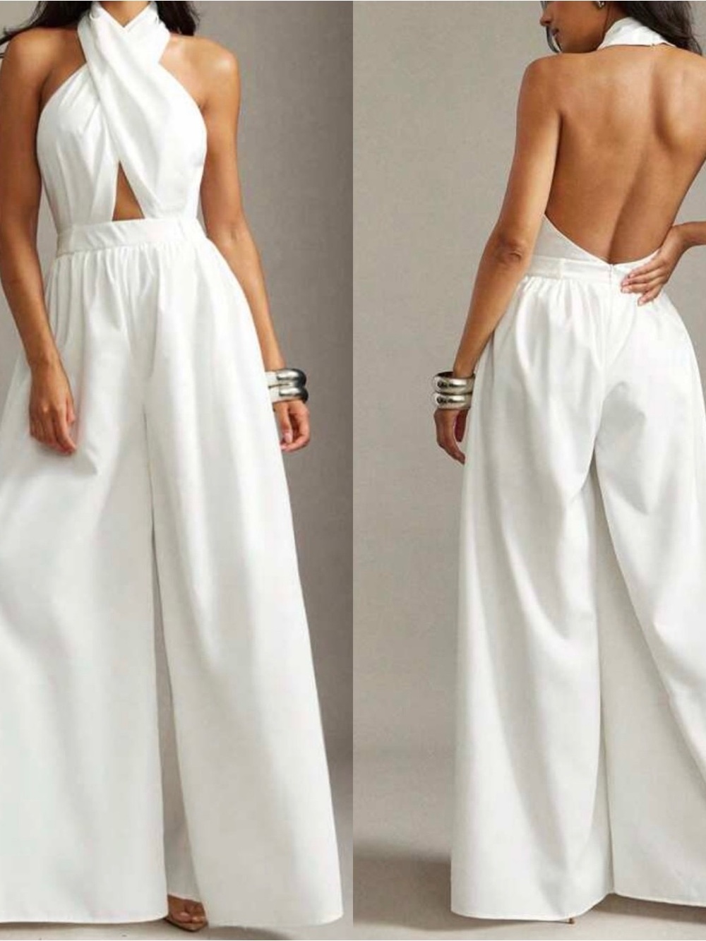 White Halter Wide-Leg Jumpsuit - Classic Backless Style